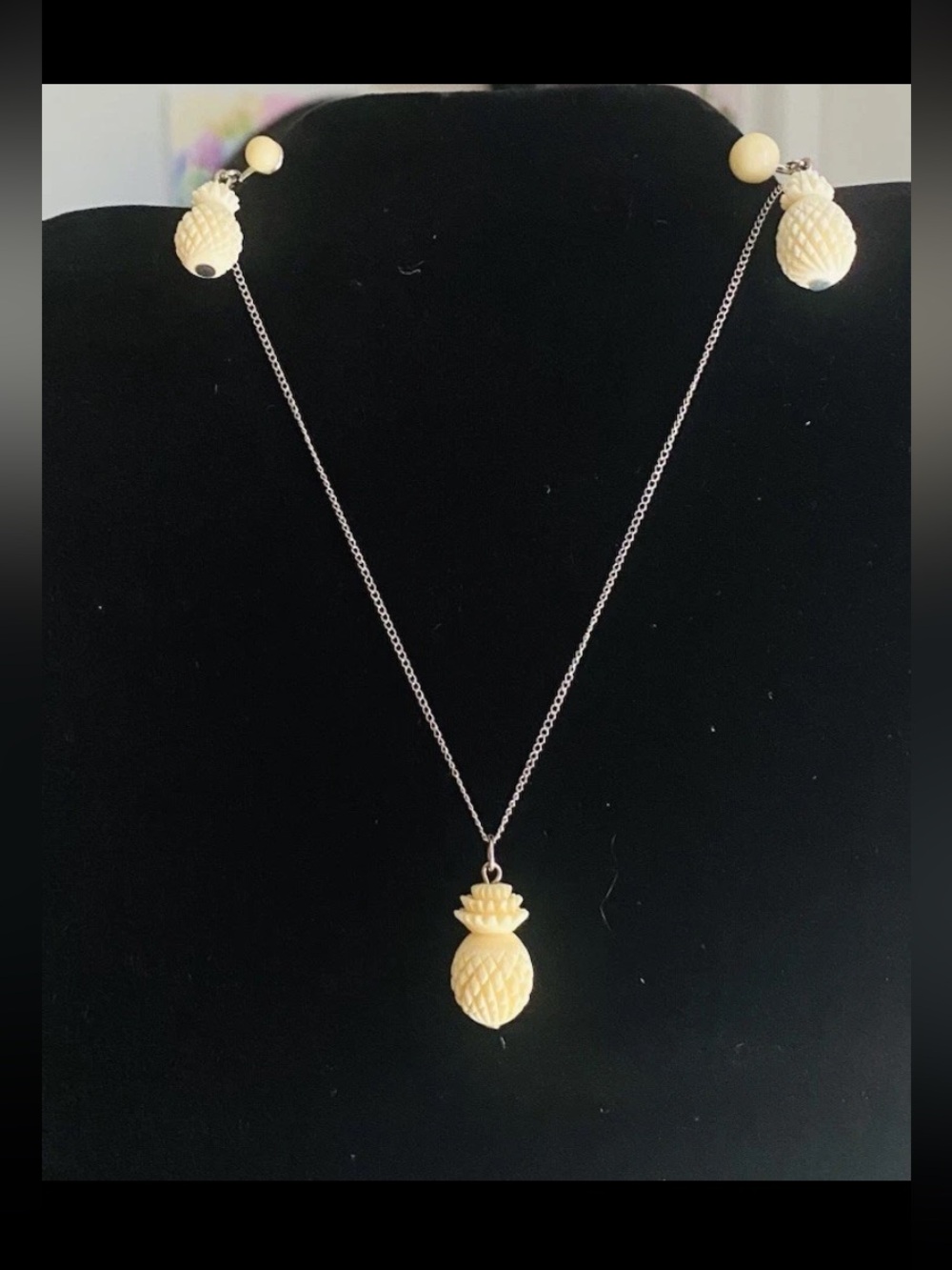 Pineapple Necklace & Earrings Set Pendant Vintage 18" Hawaiian Tropical 50's